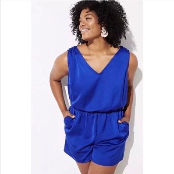 Loft V Neck Keyhole Back Silky Romper Royal Blue - Picture 1 of 10